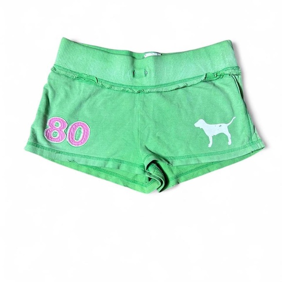 VS PINK Green Mini Shorts with Pink '80' and Dog Logo XS - Picture 1 of 3